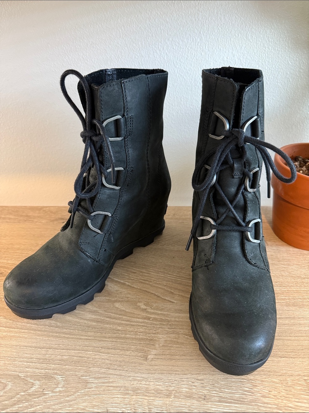 Sorel Joan Of Arctic Wedge II Womens Black Leather Lace Up Boots, 8